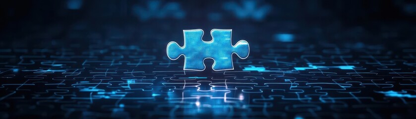 Poster - Holographic puzzle pieces, 3D effect, floating in virtual dark blue space, futuristic