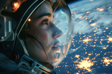 Wall Mural - Close-up of the astronaut's face in profile as she gazes out at Earth from her spacecraft.