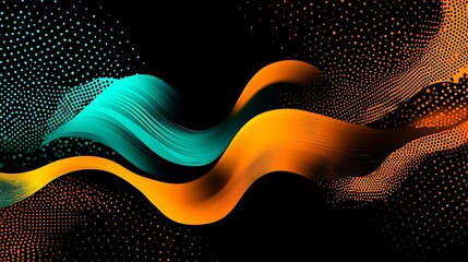 Poster - Abstract blue and orange wavy lines on a black background with dots.