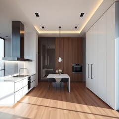 White modern kitchen interior design with wood floor Condominium  