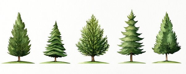 Wall Mural - Various green trees arranged in a row on a white isolate background.