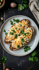 Wall Mural - Baked sweet potatoes with beans, vegetables, melted cheese, and fresh cilantro filling