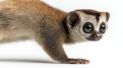 Wall Mural - close-up image of an adorable small animal with large eyes and brown fur, resembling a lemur, agains
