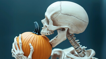 Skeleton holding a pumpkin with its hands in front of a plain background, creating a Halloween-themed atmosphere