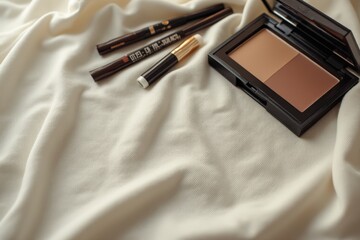 neutral makeup palette and eyeliner on soft fabric for elegant beauty and cosmetic styling.
