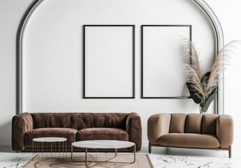 Minimalist living room interior with two blank posters. brown sofa. armchair and coffee tables