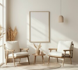 A minimalist living room interior with two white armchairs. a round wooden coffee table. a framed poster. and a jute rug Sunlight streams through the window. illuminating the space