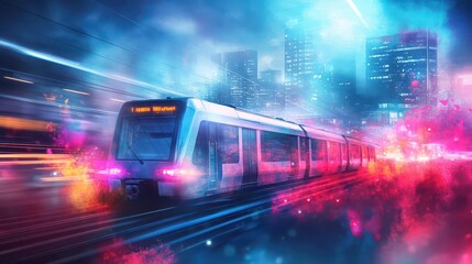 Poster - Vibrant metro train zipping through a bustling metropolitan landscape, city lights glowing watercolor