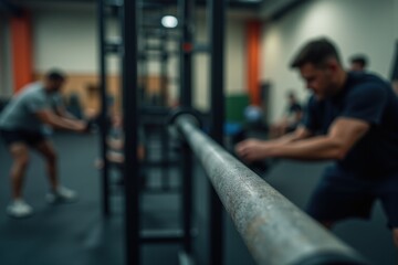 Intense gym workout scene with fitness enthusiasts using strength training equipment.