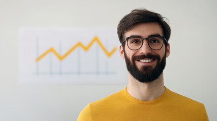Poster - A smiling man in a yellow sweater stands in front of a chart showing an upward trend, symbolizing success and progress.