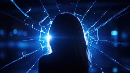 Aufkleber - a silhouetted figure stands before a glowing blue light, surrounded by a shattered glass effect, cre