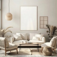 A minimalist living room interior with a white sofa. two armchairs. a coffee table. a rug. and a large framed canvas There are also two potted plants and a pendant light