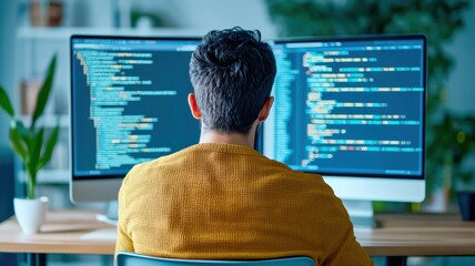 A man is coding program on dual monitors, programmer, displaying lines of code, in a cozy workspace with plants.