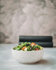 A fresh salad served in a textured bowl, highlighting healthy eating.