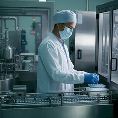 a high-tech pharmaceutical factory, a dedicated worker manages vaccine vials, Pharmaceutical Manufacturing,, Healthcare Technology