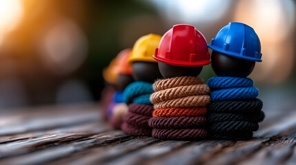 A group of people wearing hard hats are standing in a row