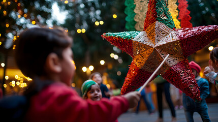 A group of children are playing with a star shaped decoration