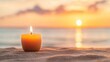 © Anna - Tranquil candle lit on sandy beach at sunset with ocean horizon