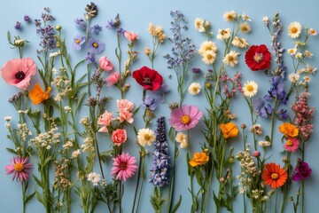 vibrant floral arrangement with various colorful flowers on a blue background