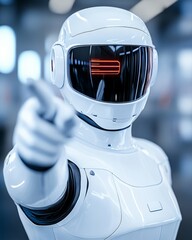 a futuristic robot with a white helmet points at the viewer with its index finger.