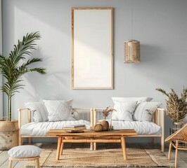 A cozy living room with a wooden sofa. a coffee table. a large empty frame. and a plant The room is decorated in a minimalist style with neutral colors and natural textures