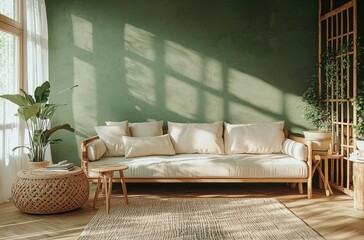 Contemporary living room with green walls, light wooden flooring, and a comfortable cream sofa surrounded by lush indoor plants