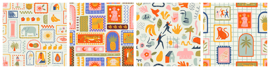 Poster - Retro hand drawn tropical summer seamless pattern set. Traditional patchwork style background illustration. Vintage exotic nature textile print collection. Jungle animal texture with tiger, palm tree.