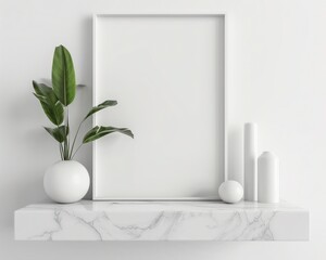 A white framed canvas mockup on a marble shelf with a vase of green plants and white geometric objects