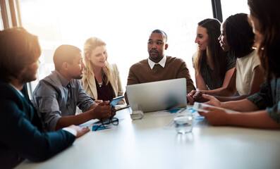 Poster - Meeting, workshop and group of business people at laptop for online report, ideas or project collaboration. Men, women and teamwork in office for planning, discussion or management at digital agency