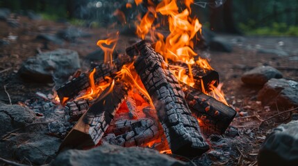 Aufkleber - Close-up of campfire burning with bright flames and wood crackling