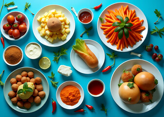Poster - Food arranged artfully on a blue surface for charity purposes creating visually appealing displays.