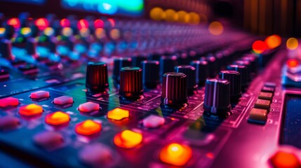 Poster - Close-up view of a mixing console with colorful sliders and knobs with clean background