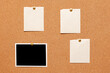 © mitand73 - Blank paper notes and an empty photo are pinned to a cork board. The concept of detective investigation.