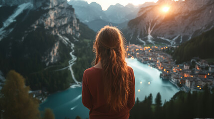 Wall Mural - A woman with long red hair stands on a mountain overlooking a city