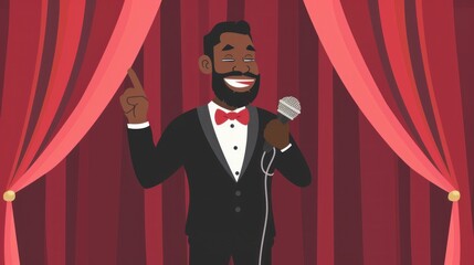 Cartoon comedian performing on stage with microphone and red curtains