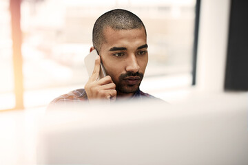 Aufkleber - Computer, networking and phone call with business man in creative workplace for wed design update. Conversation, desktop and discussion with serious developer or programmer talking on mobile