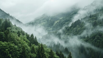 Aufkleber - Dense forest on mountain slopes under a cloudy sky