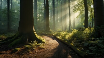 Aufkleber - Dense forest with sunlight filtering through trees, creating a serene atmosphere
