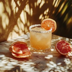 Poster - Refreshing grapefruit cocktail served on a marble surface with sliced fruit in soft sunlight