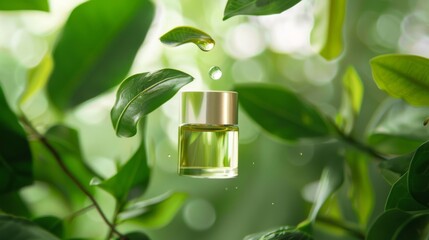Aufkleber - Essential oil falling from green leaves into a luxury cosmetic container