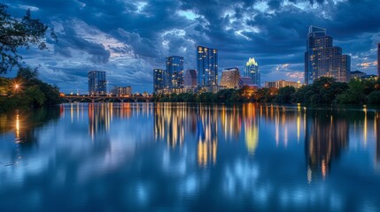 Poster - Evening view of Austin skyline reflecting on the river
