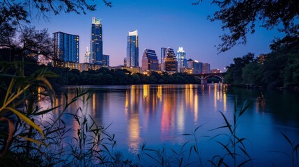 Poster - Evening view of Austin skyline reflecting on the river