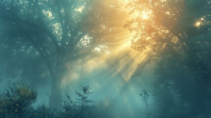 Poster - Foggy forest at dawn, rays of sunlight breaking through the mist, serene and magical