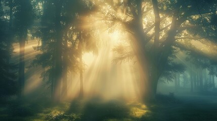 Poster - Foggy forest at dawn, rays of sunlight breaking through the mist, serene and magical