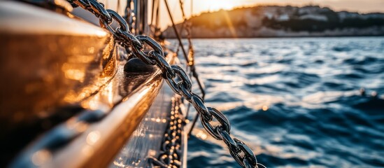 Close-up view of a yacht's anchor chain near Gibraltar during summer.