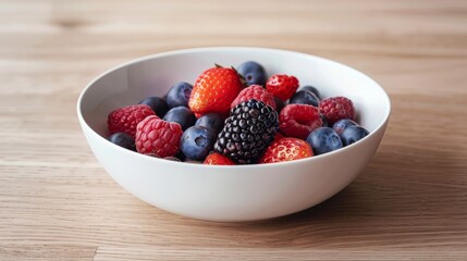 Poster - Fresh berries in a white bowl on a clean wooden table