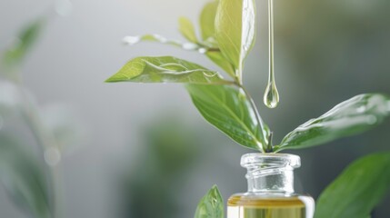 Aufkleber - Fresh leaves dripping oil into an elegant cosmetic bottle