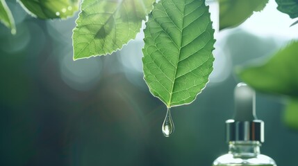 Aufkleber - Fresh leaves dripping oil into an elegant cosmetic bottle