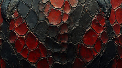 Textured close-up of a striking black and red reptilian skin pattern highlighting intricate details