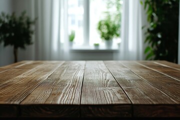 Kitchen table background, wooden tabletop, white interior, bokeh effect, neutral palette 